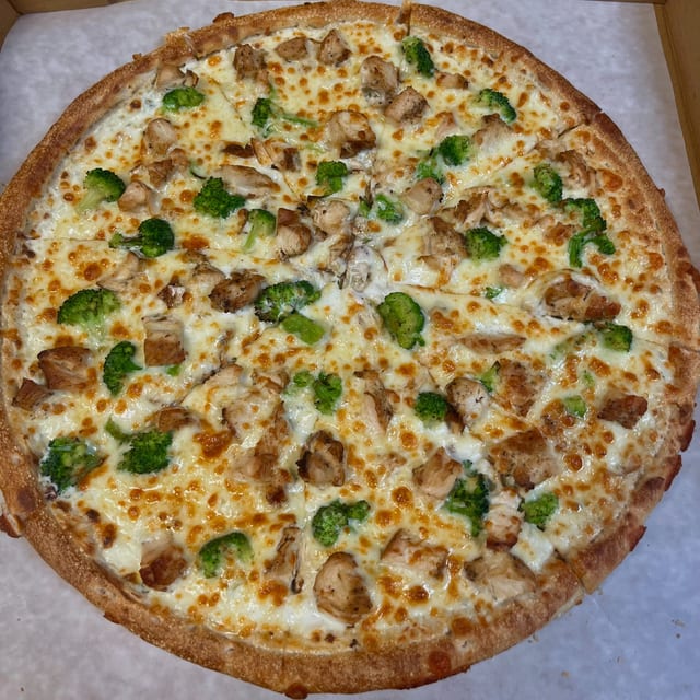 Chicken Broccoli Alfredo Pizza.
