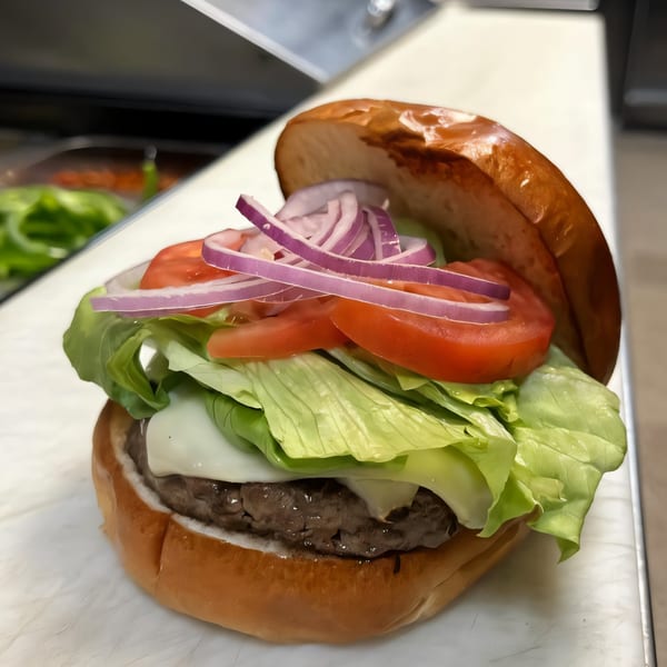 A juicy burger with melted cheese, fresh lettuce, sliced tomatoes, and red onions on a brioche bun.