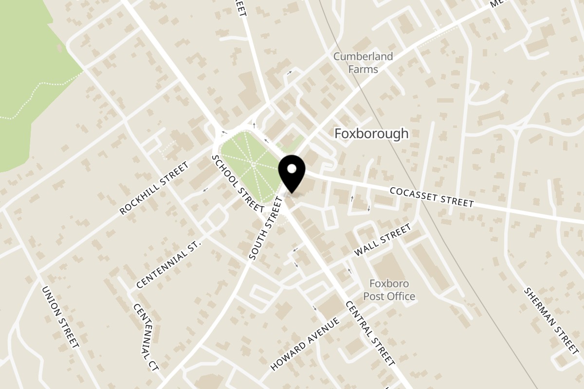 Map showing the location of South St Pizzeria on 16 South St in Foxborough